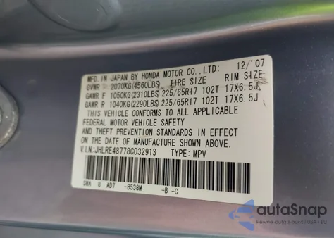 2008 Honda Cr-V Ex-L z USA, uszkodzony, nr VIN JHLRE48778C032913
